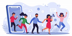 Customers earning money by giving likes, sharing information about referrals. People with thumbs up shouting at megaphone. Vector illustration for refer a friend, marketing, loyalty concept.